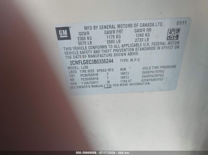 2011 Chevrolet Equinox Ltz VIN: 2CNFLGEC3B6336244 Lot: 39869856