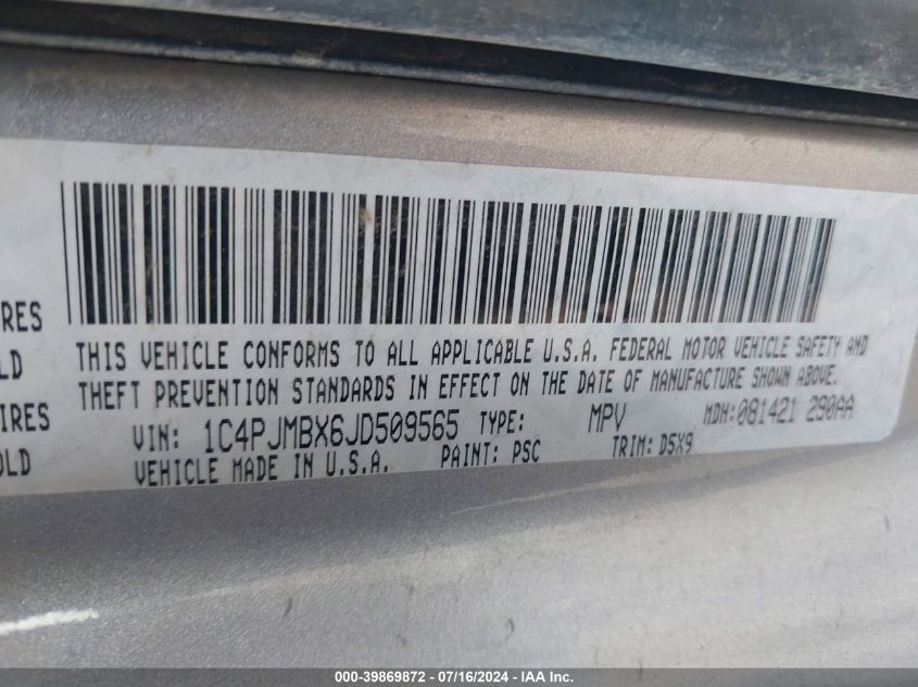 2018 Jeep Cherokee Trailhawk 4X4 VIN: 1C4PJMBX6JD509565 Lot: 39869872