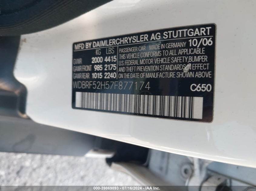 2007 Mercedes-Benz C 230 VIN: WDBRF52H57F877174 Lot: 39869893