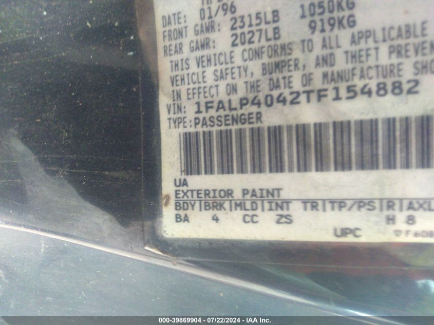 1996 Ford Mustang VIN: 1FALP4042TF154882 Lot: 39869904