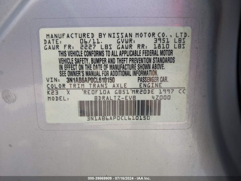 2012 Nissan Sentra 2.0 S VIN: 3N1AB6AP0CL610150 Lot: 39869909