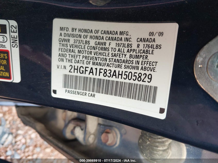 2010 Honda Civic Ex VIN: 2HGFA1F83AH505829 Lot: 39869910