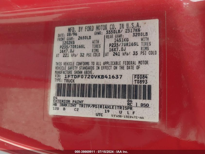 1997 Ford F-150 Xl/Xlt VIN: 1FTDF0720VKB41637 Lot: 39869911
