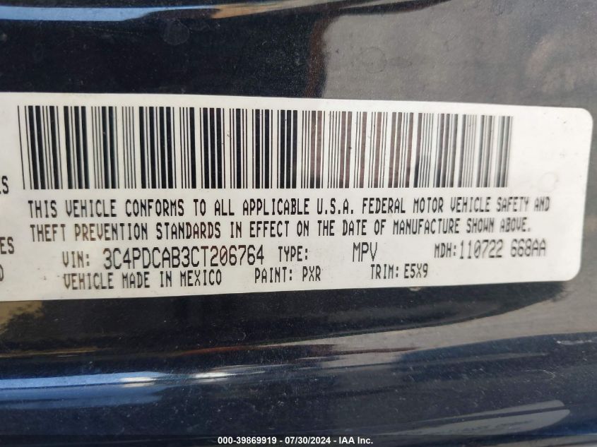 2012 Dodge Journey Se/Avp VIN: 3C4PDCAB3CT206764 Lot: 39869919