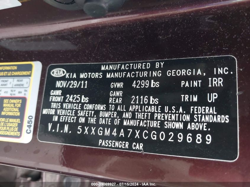 2012 Kia Optima Lx VIN: 5XXGM4A7XCG029689 Lot: 39869927