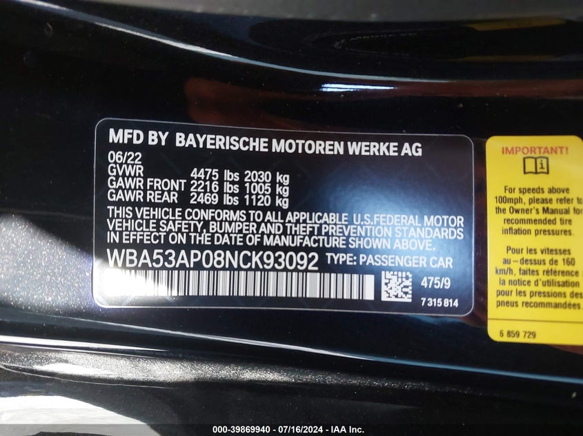 2022 BMW 430I - WBA53AP08NCK93092