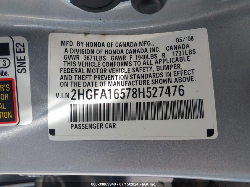 2008 Honda Civic Lx VIN: 2HGFA16578H527476 Lot: 39869949