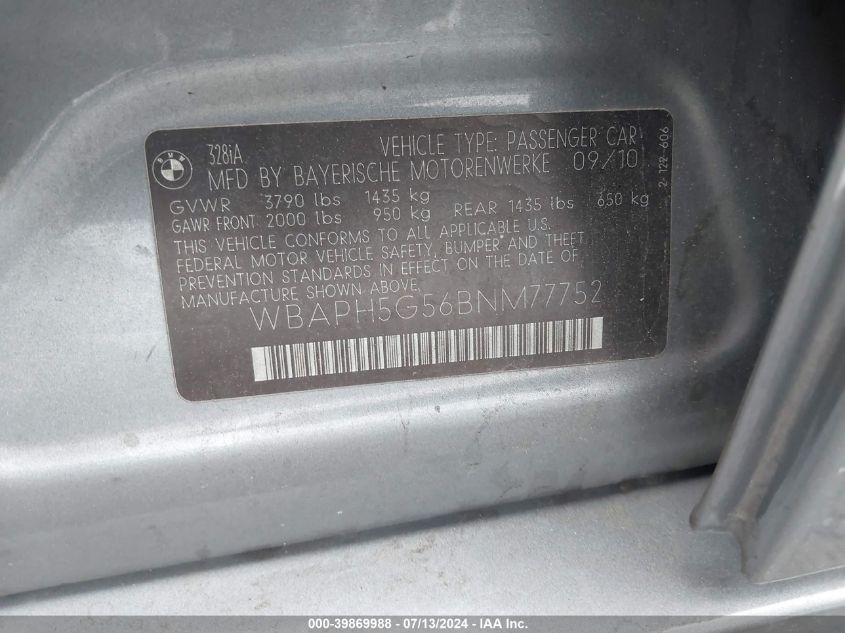 2011 BMW 328I VIN: WBAPH5G56BNM77752 Lot: 39869988