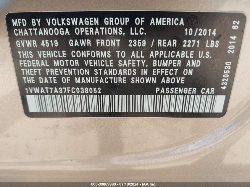 2015 Volkswagen Passat 1.8T Wolfsburg Edition VIN: 1VWAT7A37FC038052 Lot: 39869990