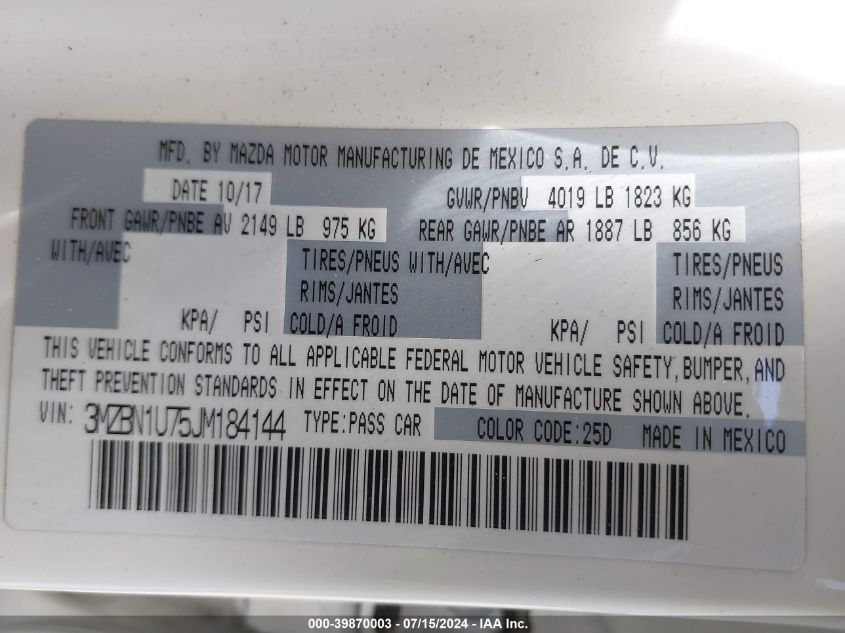 2018 Mazda Mazda3 Sport VIN: 3MZBN1U75JM184144 Lot: 39870003