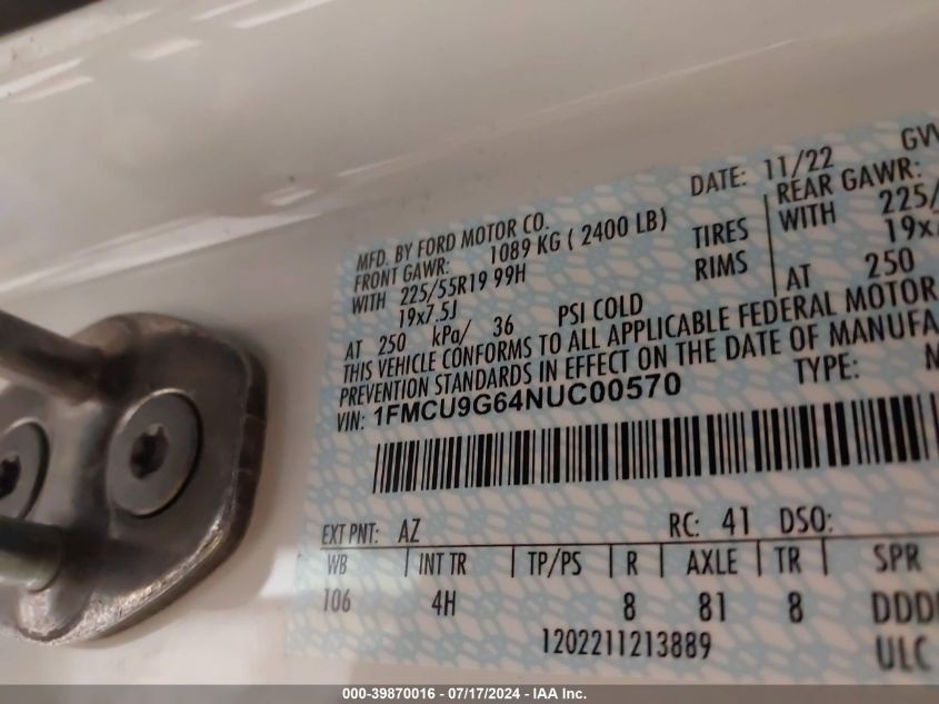 2022 Ford Escape Se VIN: 1FMCU9G64NUC00570 Lot: 39870016