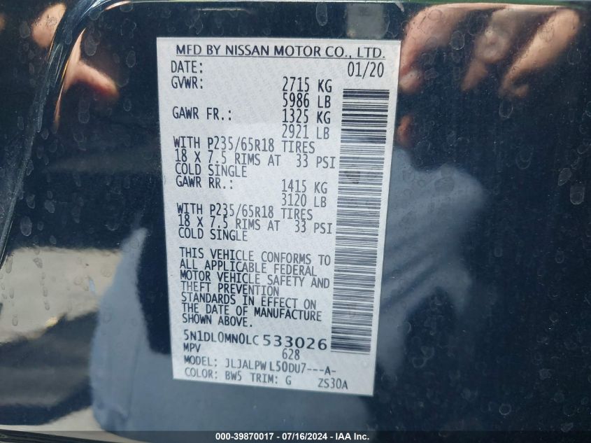 2020 Infiniti Qx60 Pure VIN: 5N1DL0MN0LC533026 Lot: 39870017