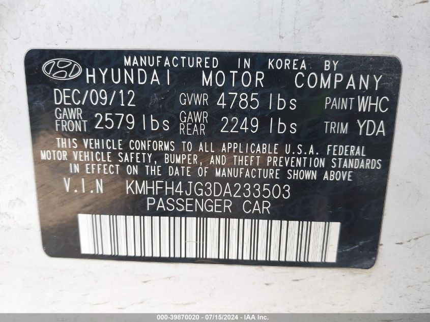 2013 Hyundai Azera VIN: KMHFH4JG3DA233503 Lot: 39870020