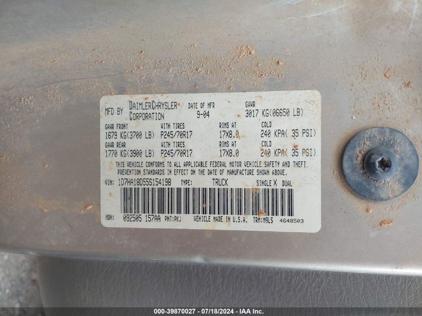 2005 Dodge Ram 1500 St/Slt VIN: 1D7HA18D55S154198 Lot: 39870027
