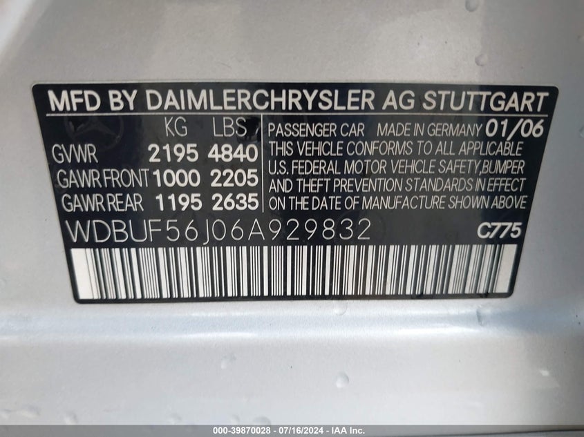 2006 Mercedes-Benz E 350 VIN: WDBUF56J06A929832 Lot: 39870028