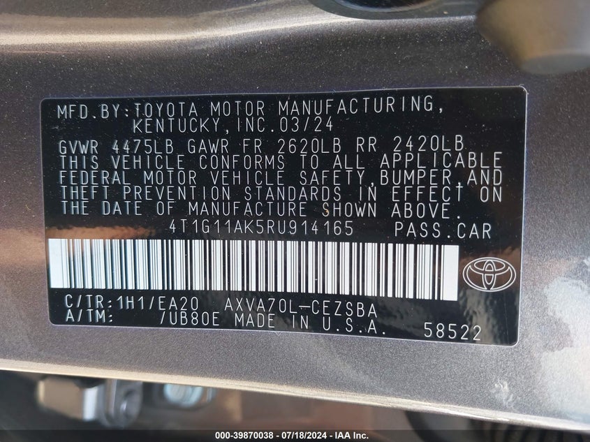 2024 TOYOTA CAMRY 2.5L I-4 DI, DOHC, V(VIN: 4T1G11AK5RU914165