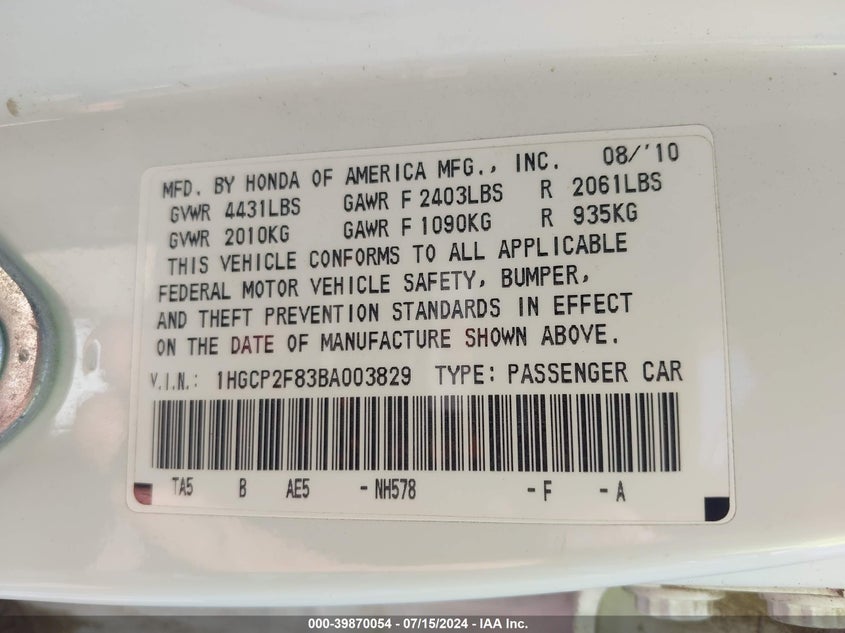 2011 Honda Accord 2.4 Ex-L VIN: 1HGCP2F83BA003829 Lot: 39870054