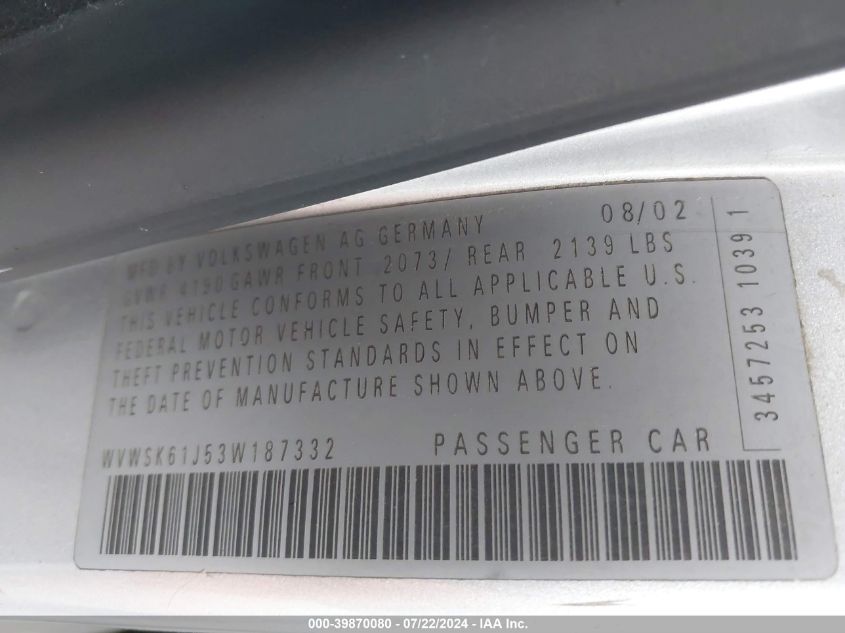2003 Volkswagen Jetta Gls 2.0L VIN: WVWSK61J53W187332 Lot: 39870080
