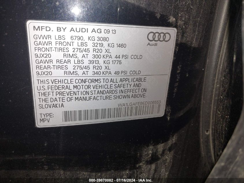 2014 Audi Q7 3.0T Premium VIN: WA1LGAFE9ED006553 Lot: 39870082