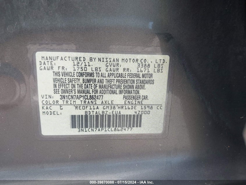 2012 Nissan Versa 1.6 Sv VIN: 3N1CN7AP1CL862477 Lot: 39870088