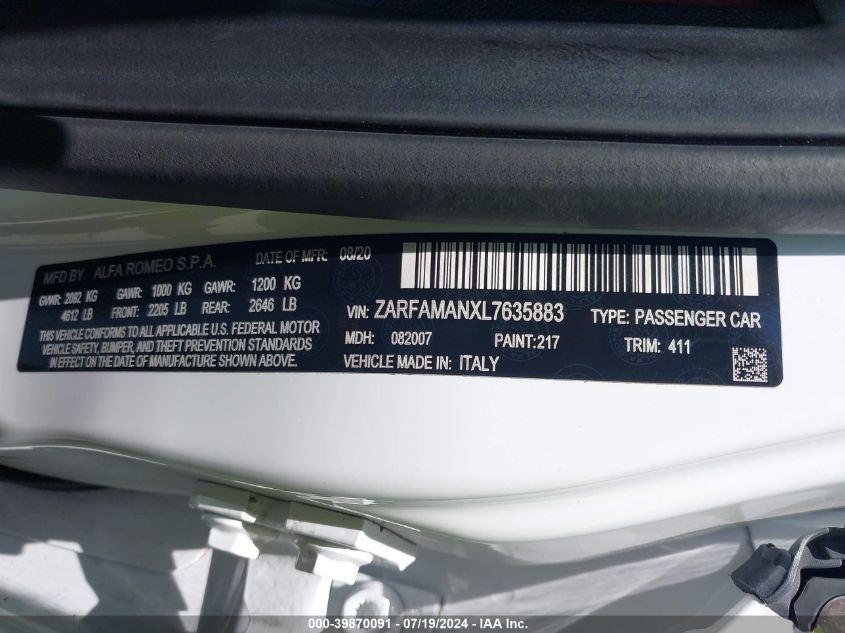 2020 Alfa Romeo Giulia Rwd VIN: ZARFAMANXL7635883 Lot: 39870091