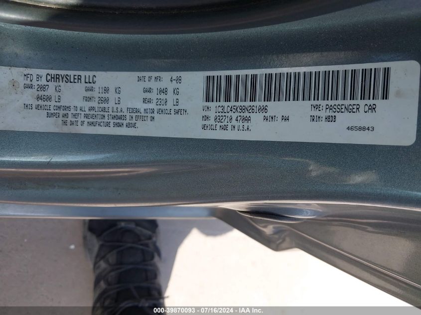 2008 Chrysler Sebring Lx VIN: 1C3LC45K98N261006 Lot: 39870093