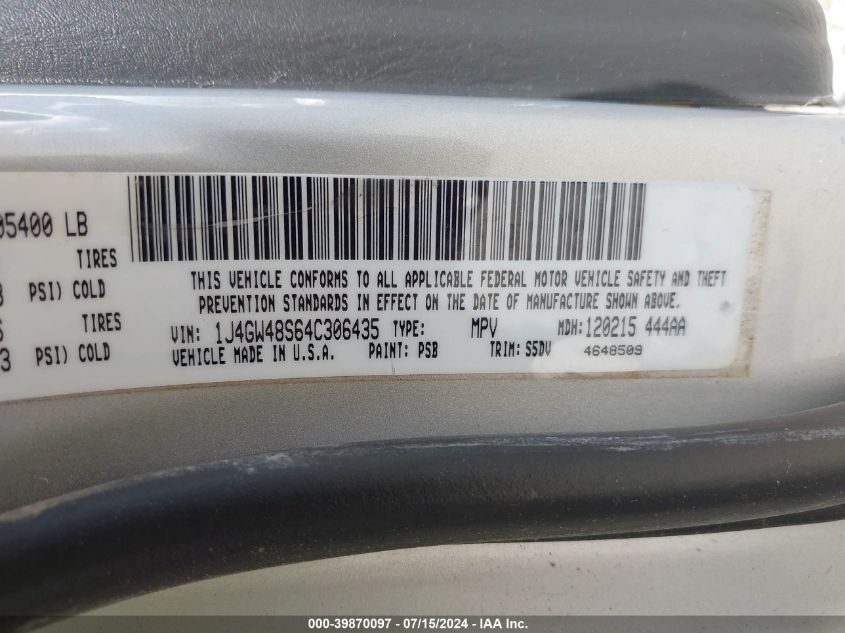 2004 Jeep Grand Cherokee Laredo VIN: 1J4GW48S64C306435 Lot: 39870097