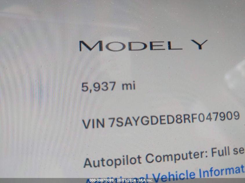 2024 TESLA MODEL Y LONG RANGE/RWD - 7SAYGDED8RF047909