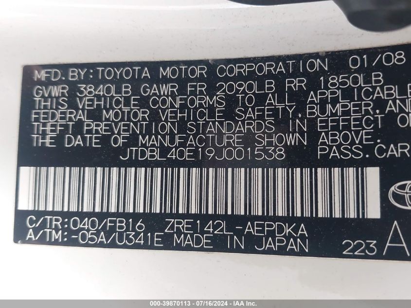 2009 Toyota Corolla Le VIN: JTDBL40E19J001538 Lot: 39870113