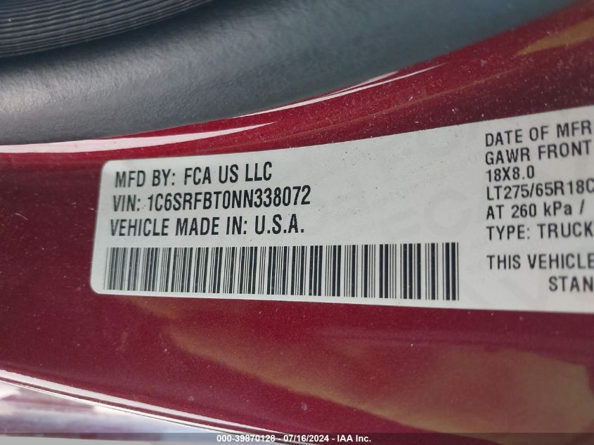2022 Ram 1500 VIN: 1C6SRFBTONN338072 Lot: 39870128