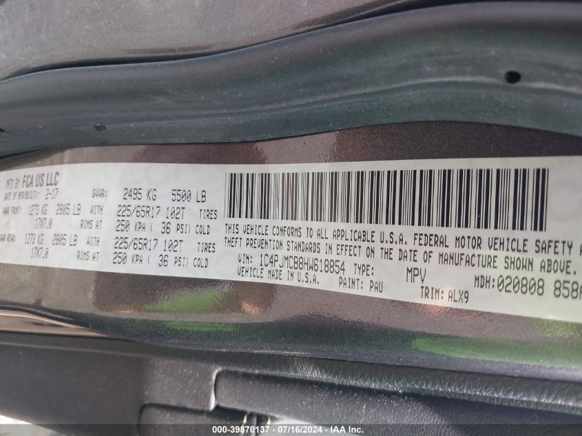 2017 Jeep Cherokee Latitude 4X4 VIN: 1C4PJMCB8HW618854 Lot: 39870137