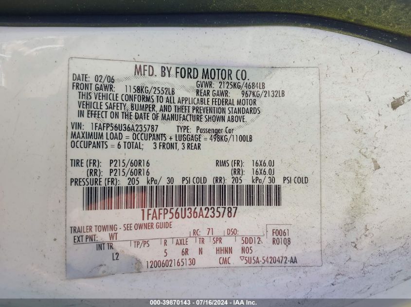 2006 Ford Taurus Sel VIN: 1FAFP56U36A235787 Lot: 39870143