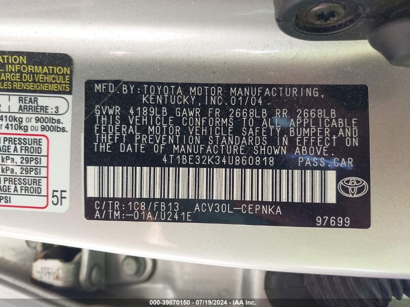 2004 Toyota Camry Le/Xle/Se VIN: 4T1BE32K34U860818 Lot: 39870150