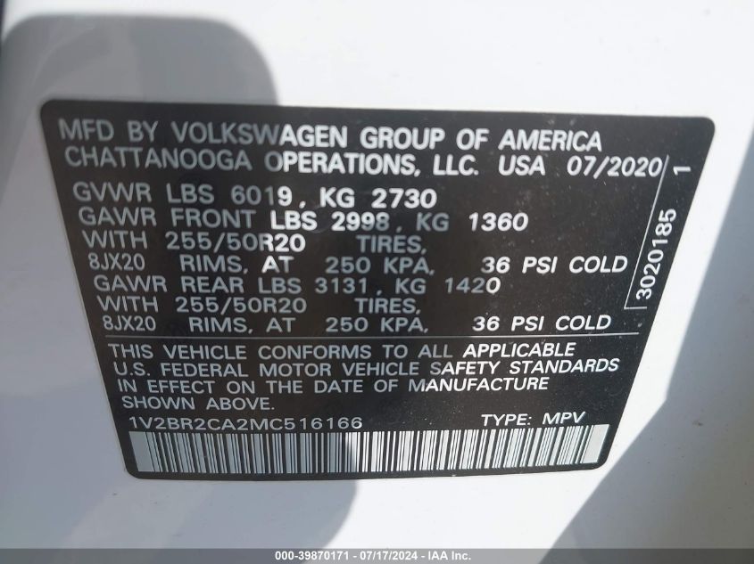 1V2BR2CA2MC516166 2021 Volkswagen Atlas 3.6L V6 Sel