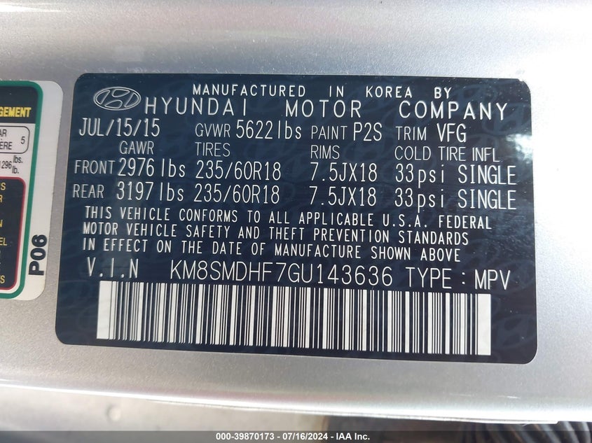 2016 Hyundai Santa Fe Se VIN: KM8SMDHF7GU143636 Lot: 39870173