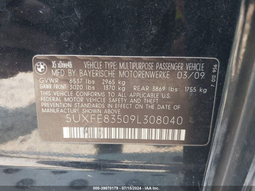 2009 BMW X5 xDrive48I VIN: 5UXFE83509L308040 Lot: 39870179