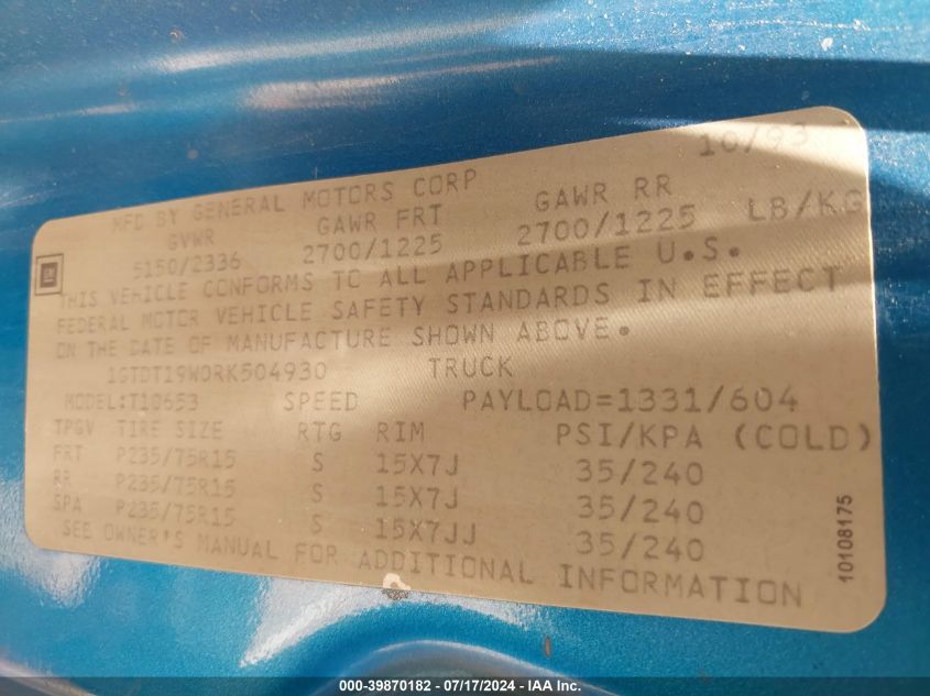 1994 GMC Sonoma VIN: 1GTDT19W0RK504930 Lot: 39870182