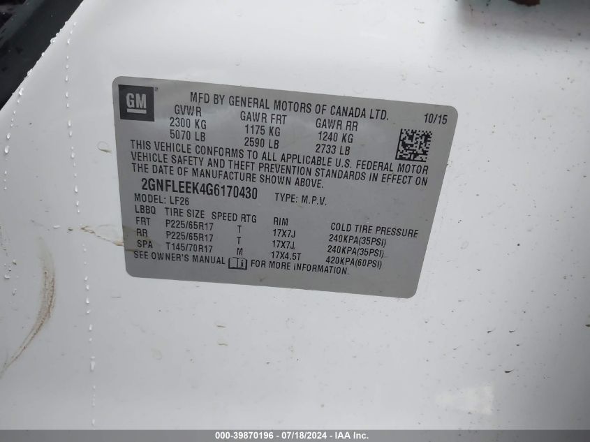 2016 Chevrolet Equinox Ls VIN: 2GNFLEEK4G6170430 Lot: 39870196