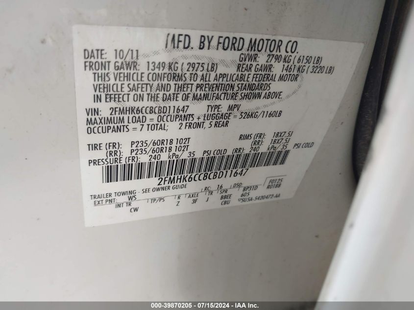 2012 Ford Flex Sel VIN: 2FMHK6CC8CBD11647 Lot: 39870205