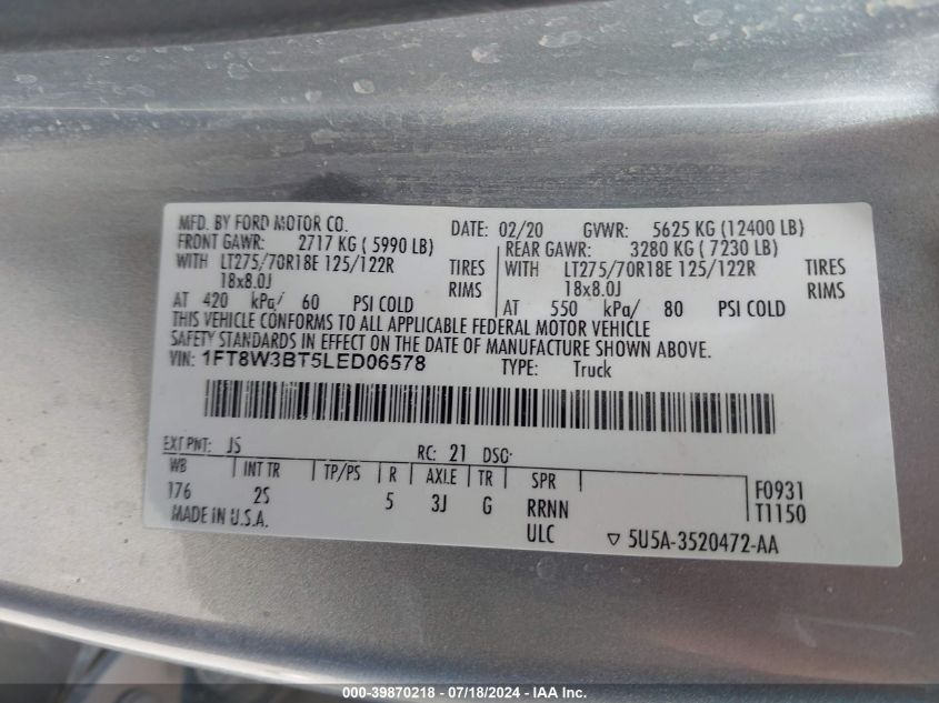 2020 Ford F350 Super Duty VIN: 1FT8W3BT5LED06578 Lot: 39870218