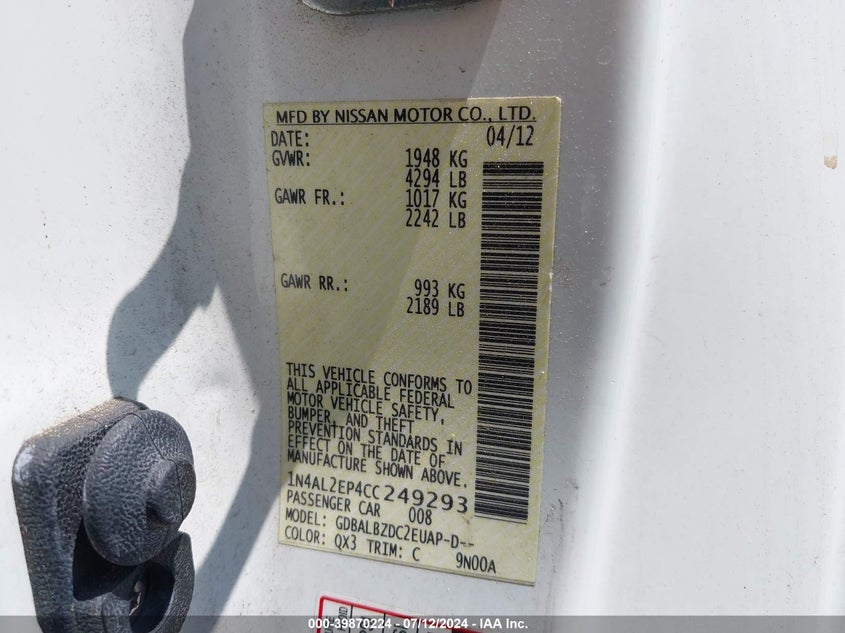 1N4AL2EP4CC249293 2012 Nissan Altima 2.5 S