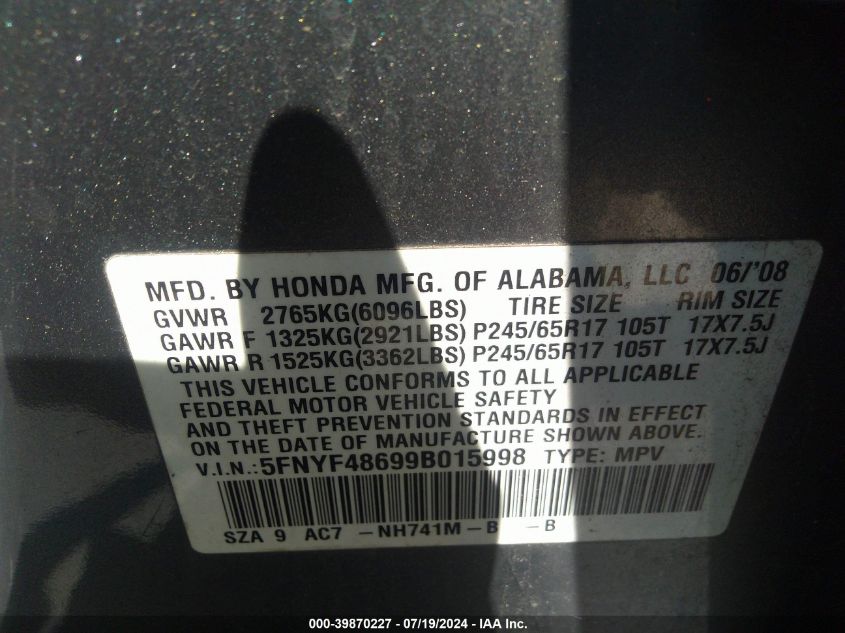 2009 Honda Pilot Ex-L VIN: 5FNYF48699B015998 Lot: 39870227