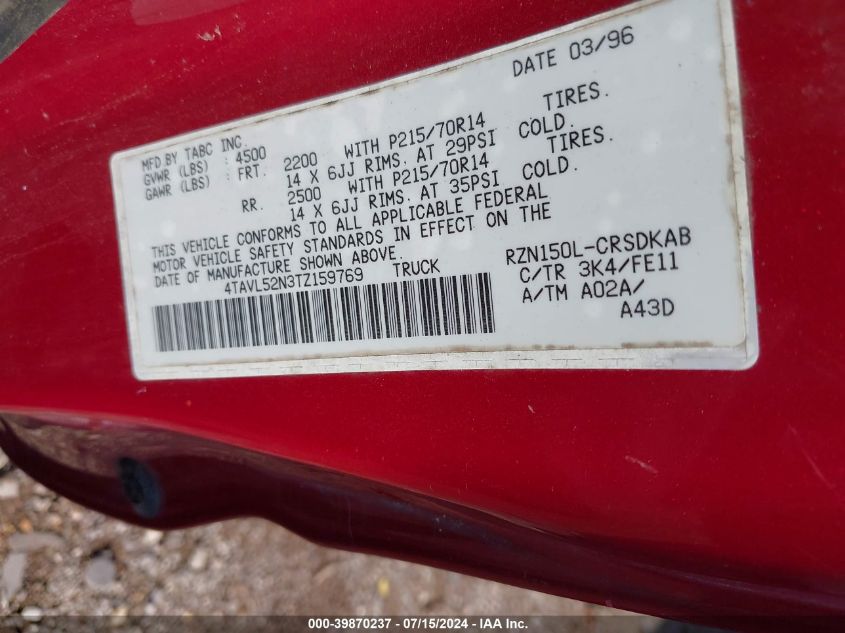 1996 Toyota Tacoma Xtracab VIN: 4TAVL52N3TZ159769 Lot: 39870237