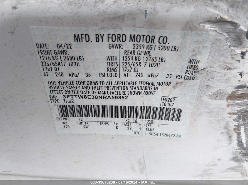 2022 Ford Maverick Xl VIN: 3FTTW8E38NRA59852 Lot: 39870238