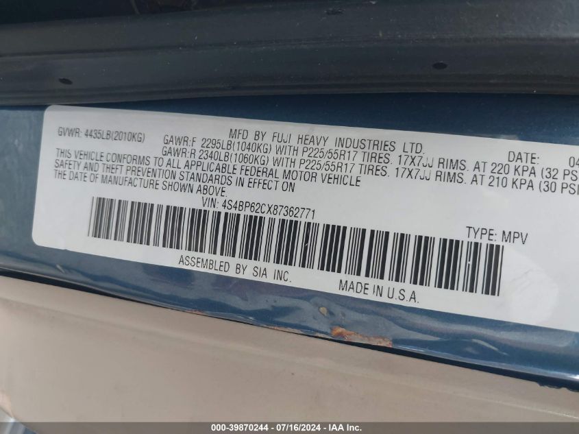 2008 Subaru Outback 2.5I Limited VIN: 4S4BP62CX87362771 Lot: 39870244