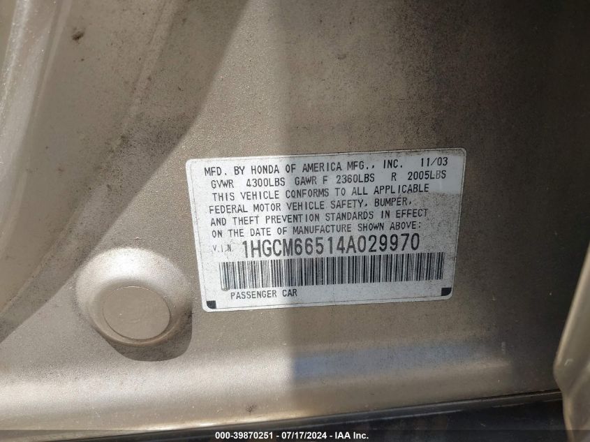2004 Honda Accord 3.0 Ex VIN: 1HGCM66514A029970 Lot: 39870251