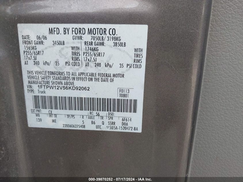 2006 Ford F-150 Lariat/Xlt VIN: 1FTPW12V56KD92062 Lot: 39870252