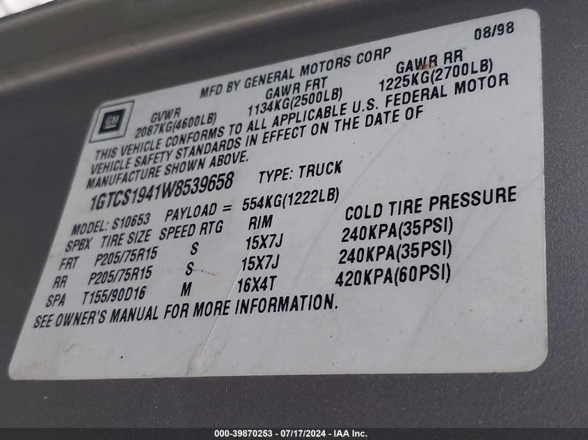 1998 GMC Sonoma VIN: 1GTCS1941W8539658 Lot: 39870253