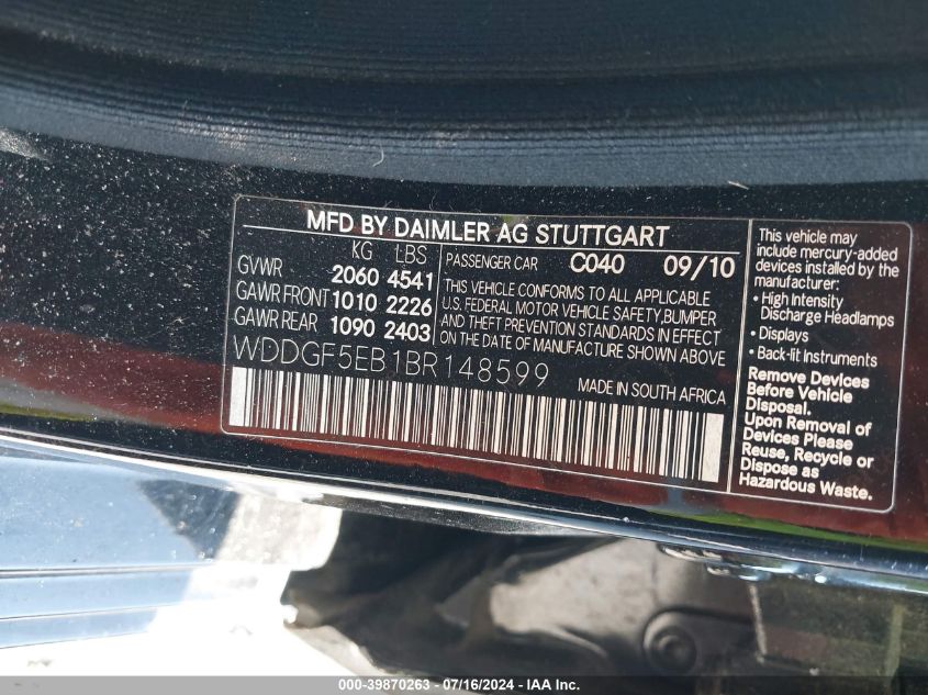 2011 Mercedes-Benz C 300 Luxury/Sport VIN: WDDGF5EB1BR148599 Lot: 39870263