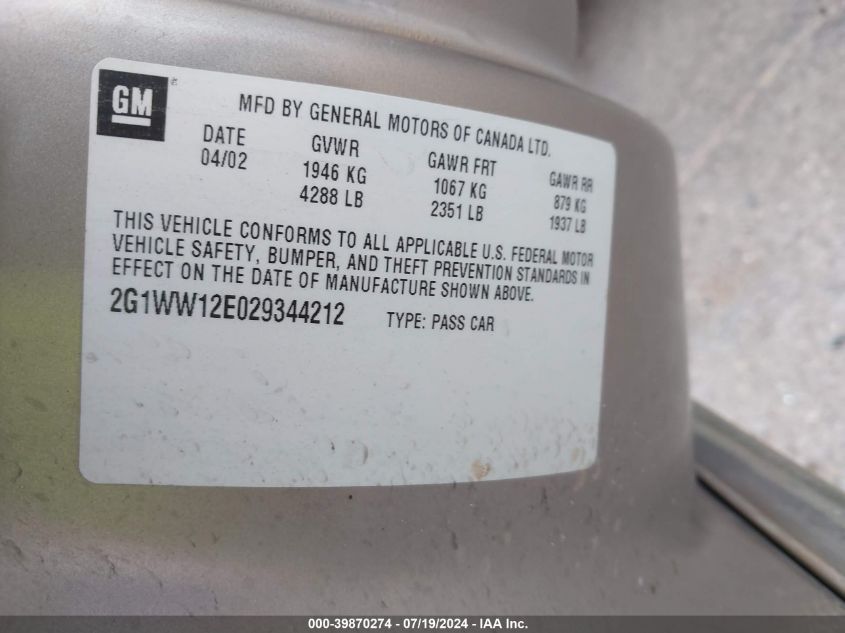 2002 Chevrolet Monte Carlo Ls VIN: 2G1WW12E029344212 Lot: 39870274